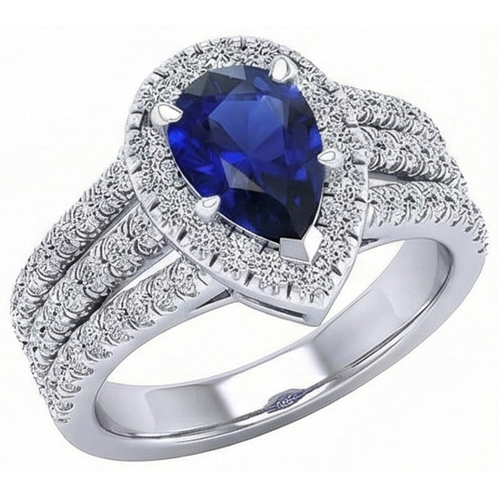 Halo Ring Prong Set Pear Blue Sapphire & Triple Shank Natural Earth Mined Diamond 5 Carats