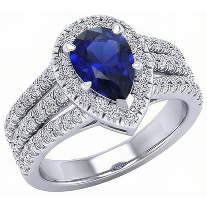 Halo Ring Prong Set Pear Blue Sapphire & Triple Shank Natural Earth Mined Diamond 5 Carats