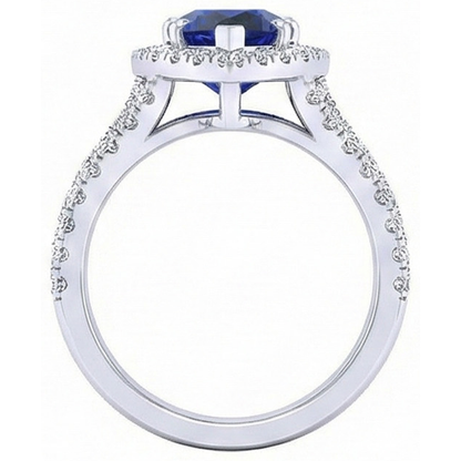 Halo Ring Prong Set Pear Blue Sapphire & Triple Shank Natural Earth Mined Diamond 5 Carats