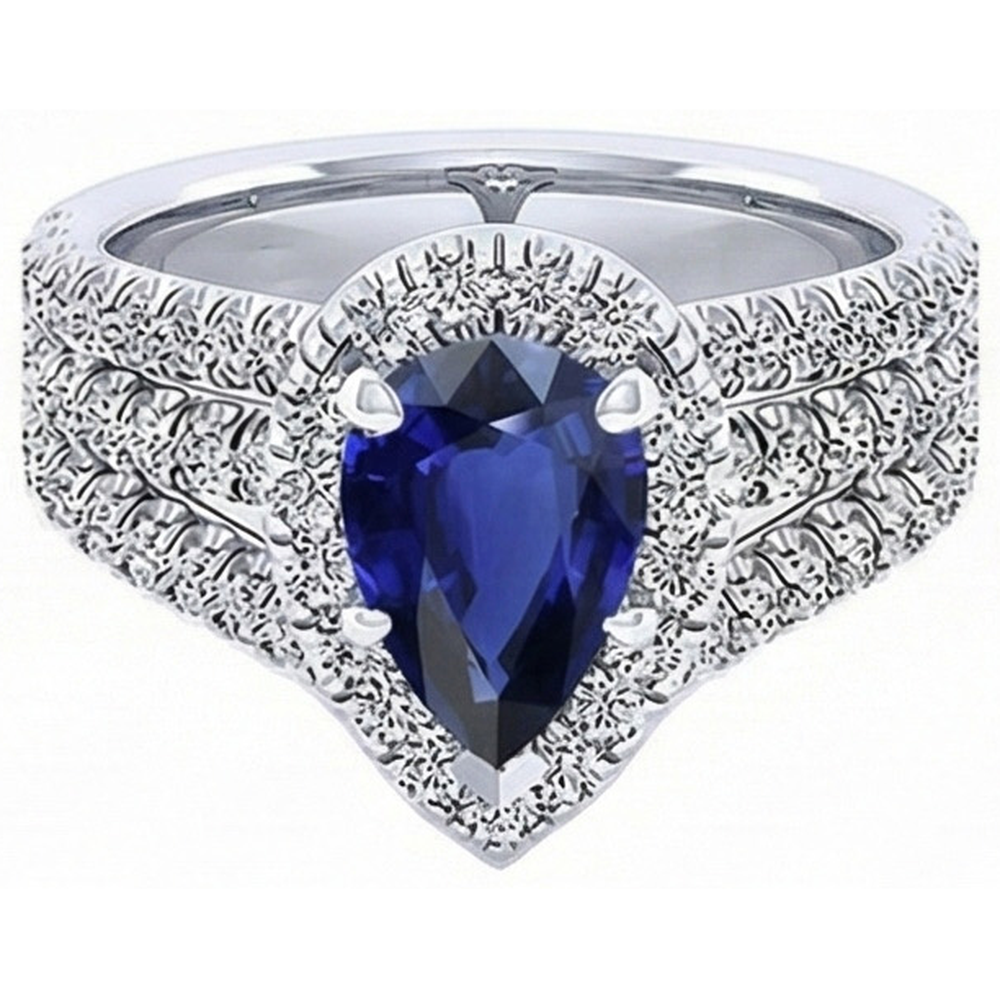 Halo Ring Prong Set Pear Blue Sapphire & Triple Shank Natural Earth Mined Diamond 5 Carats