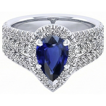 Halo Ring Prong Set Pear Blue Sapphire & Triple Shank Natural Earth Mined Diamond 5 Carats