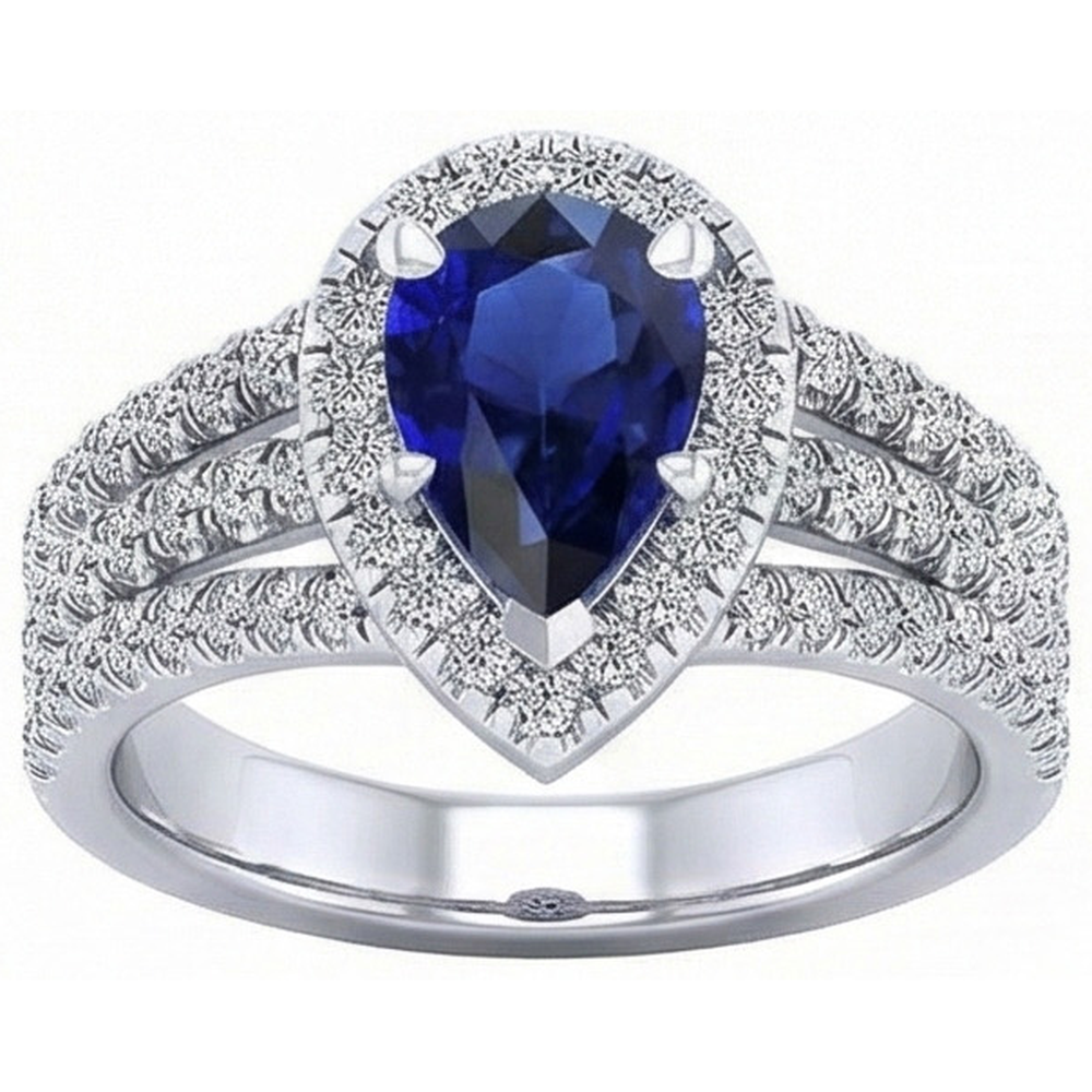 Halo Ring Prong Set Pear Blue Sapphire & Triple Shank Natural Earth Mined Diamond 5 Carats