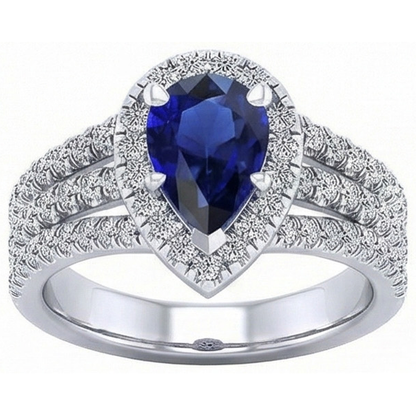 Halo Ring Prong Set Pear Blue Sapphire & Triple Shank Natural Earth Mined Diamond 5 Carats