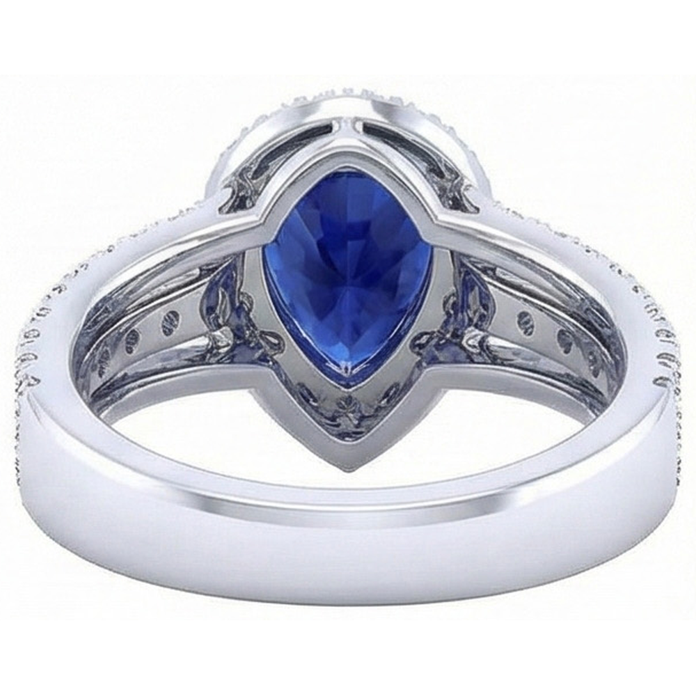 Halo Ring Prong Set Pear Blue Sapphire & Triple Shank Natural Earth Mined Diamond 5 Carats