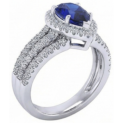 Halo Ring Prong Set Pear Blue Sapphire & Triple Shank Natural Earth Mined Diamond 5 Carats