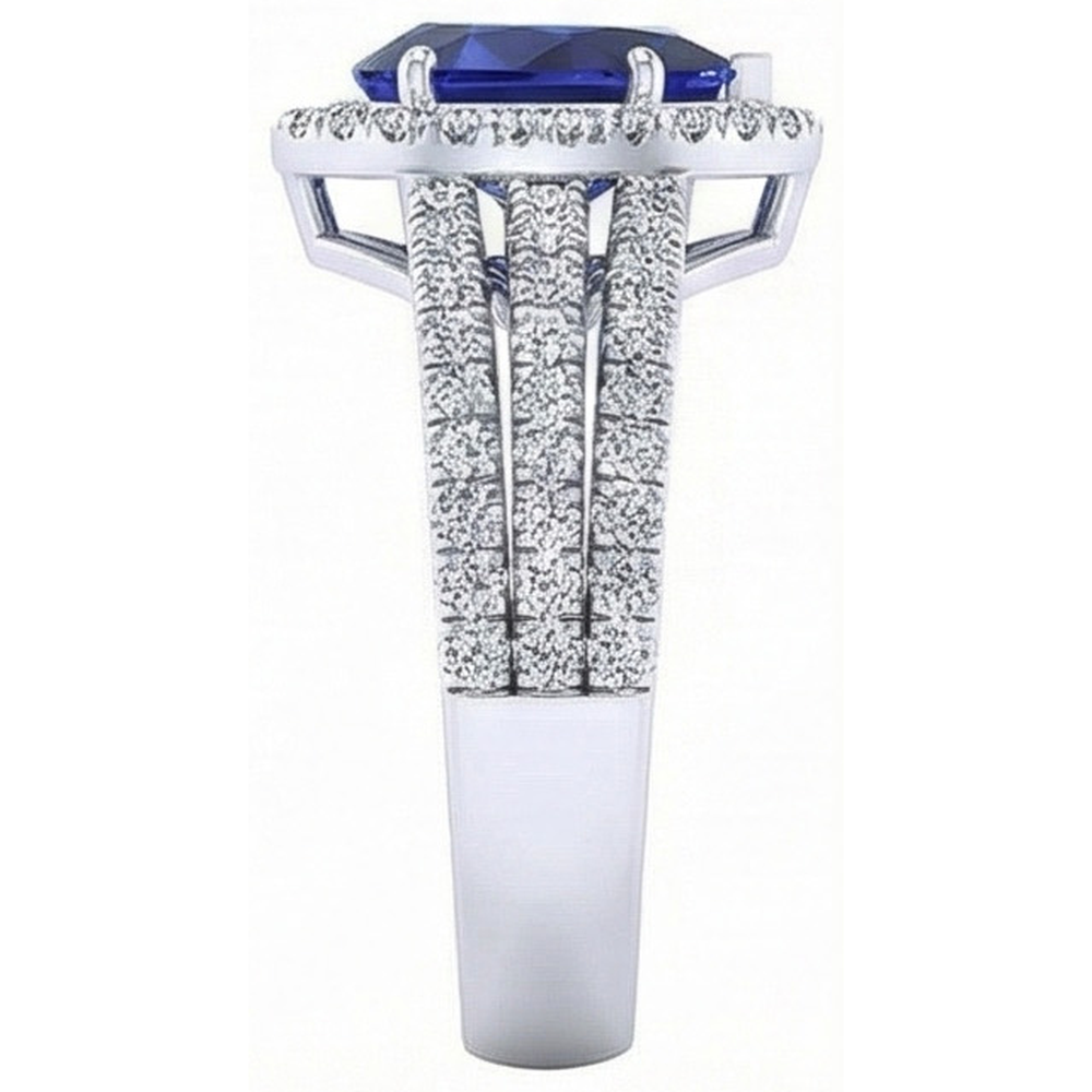 Halo Ring Prong Set Pear Blue Sapphire & Triple Shank Natural Earth Mined Diamond 5 Carats