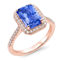 Halo Ring Radiant Blue Sapphire & Natural Earth Mined Diamonds Rose Gold 3.50 Carats