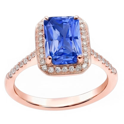 Halo Ring Radiant Blue Sapphire & Natural Earth Mined Diamonds Rose Gold 3.50 Carats