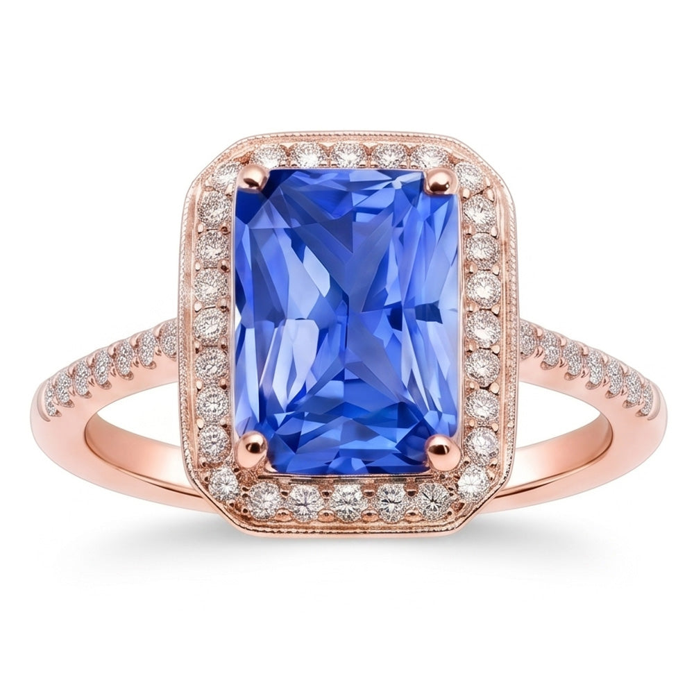 Halo Ring Radiant Blue Sapphire & Natural Earth Mined Diamonds Rose Gold 3.50 Carats