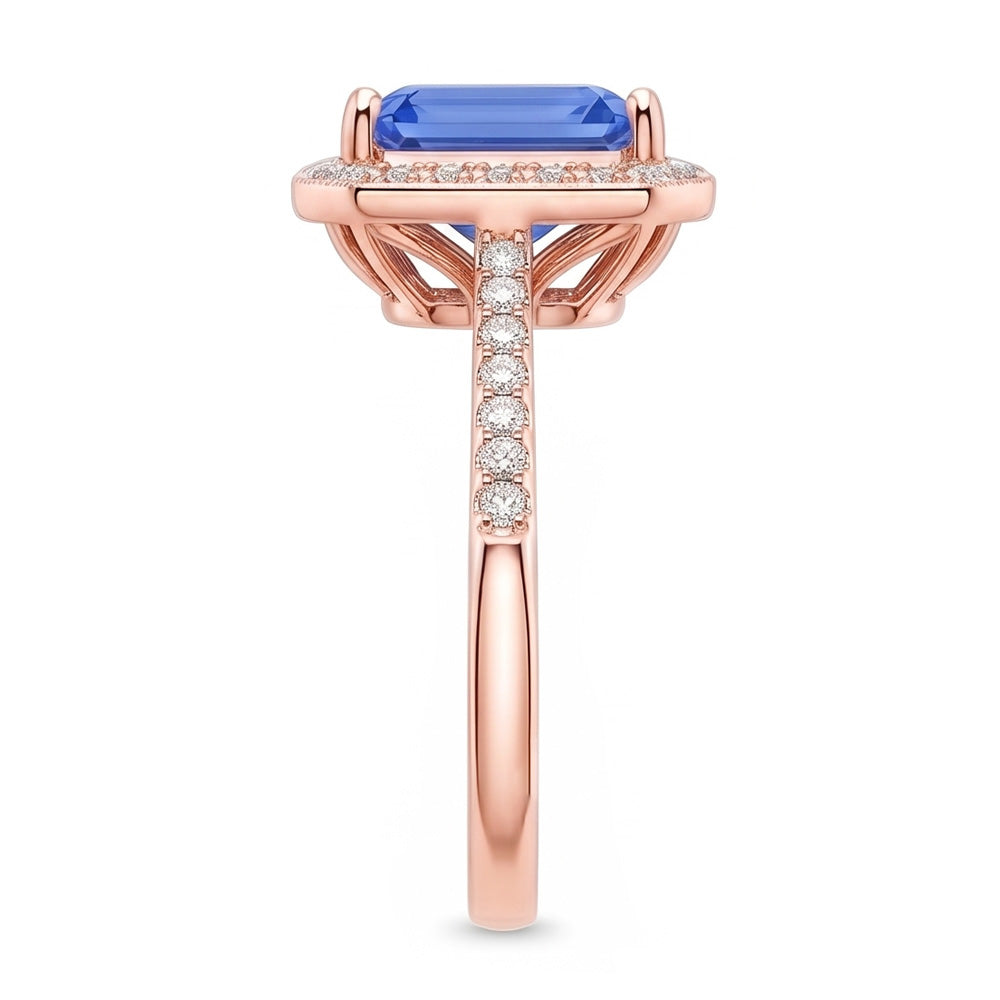 Halo Ring Radiant Blue Sapphire & Natural Earth Mined Diamonds Rose Gold 3.50 Carats