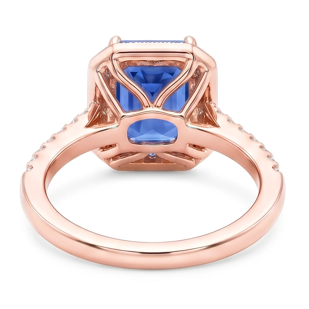 Halo Ring Radiant Blue Sapphire & Natural Earth Mined Diamonds Rose Gold 3.50 Carats