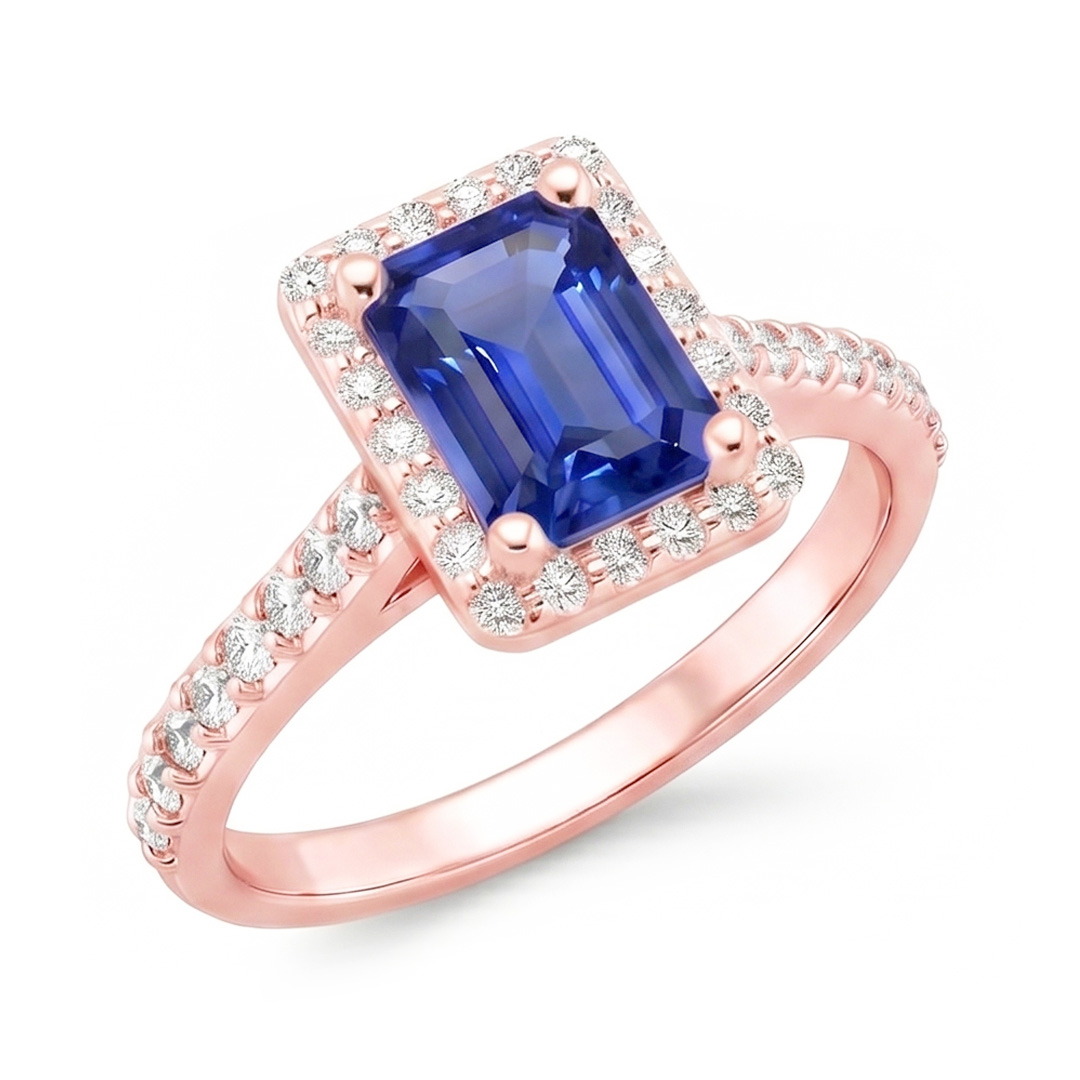 Halo Ring Rose Gold Emerald Sri Lankan Sapphire & Natural Earth Mined Diamonds 5.25 Carats