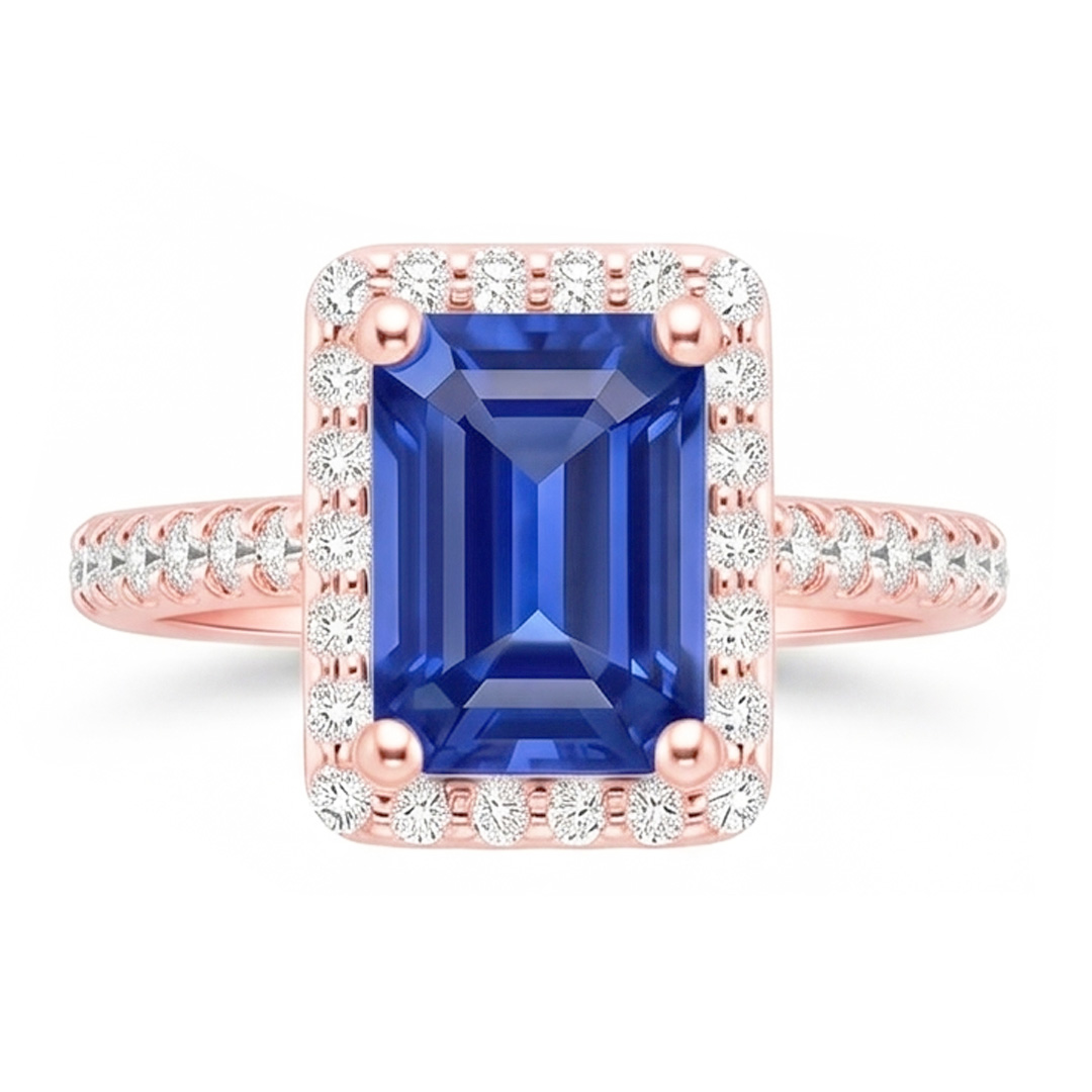 Halo Ring Rose Gold Emerald Sri Lankan Sapphire & Natural Earth Mined Diamonds 5.25 Carats