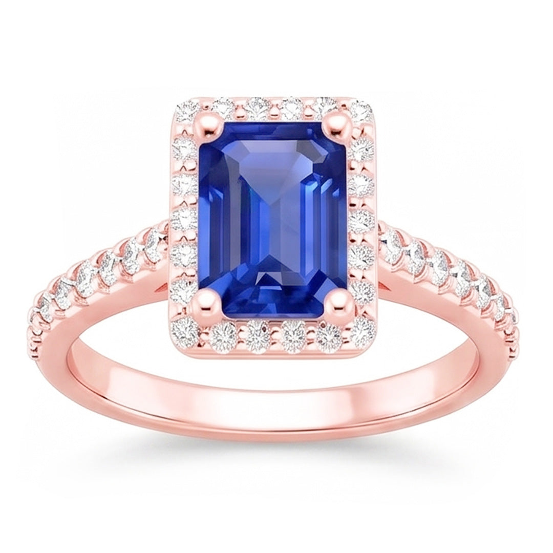 Halo Ring Rose Gold Emerald Sri Lankan Sapphire & Natural Earth Mined Diamonds 5.25 Carats