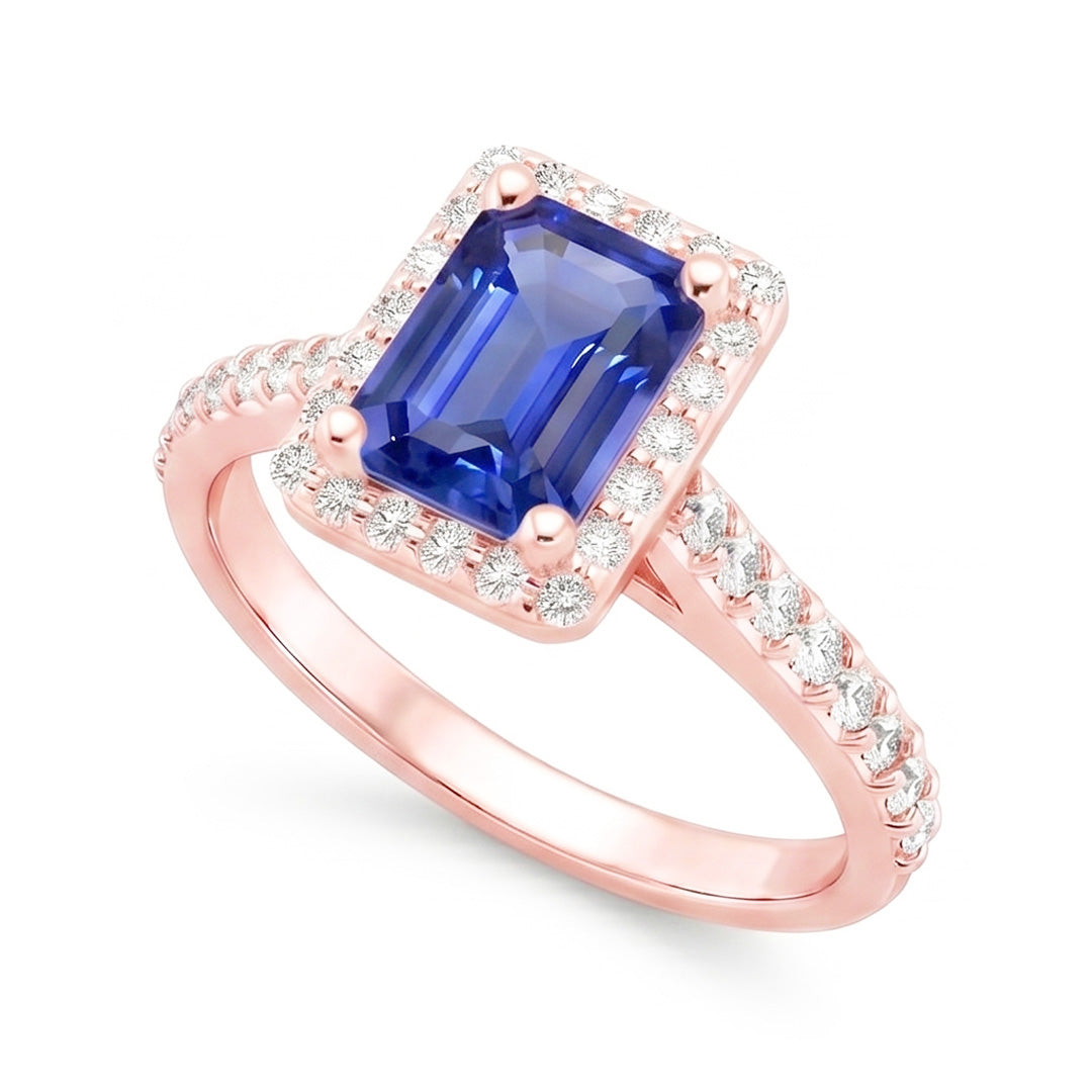Halo Ring Rose Gold Emerald Sri Lankan Sapphire & Natural Earth Mined Diamonds 5.25 Carats