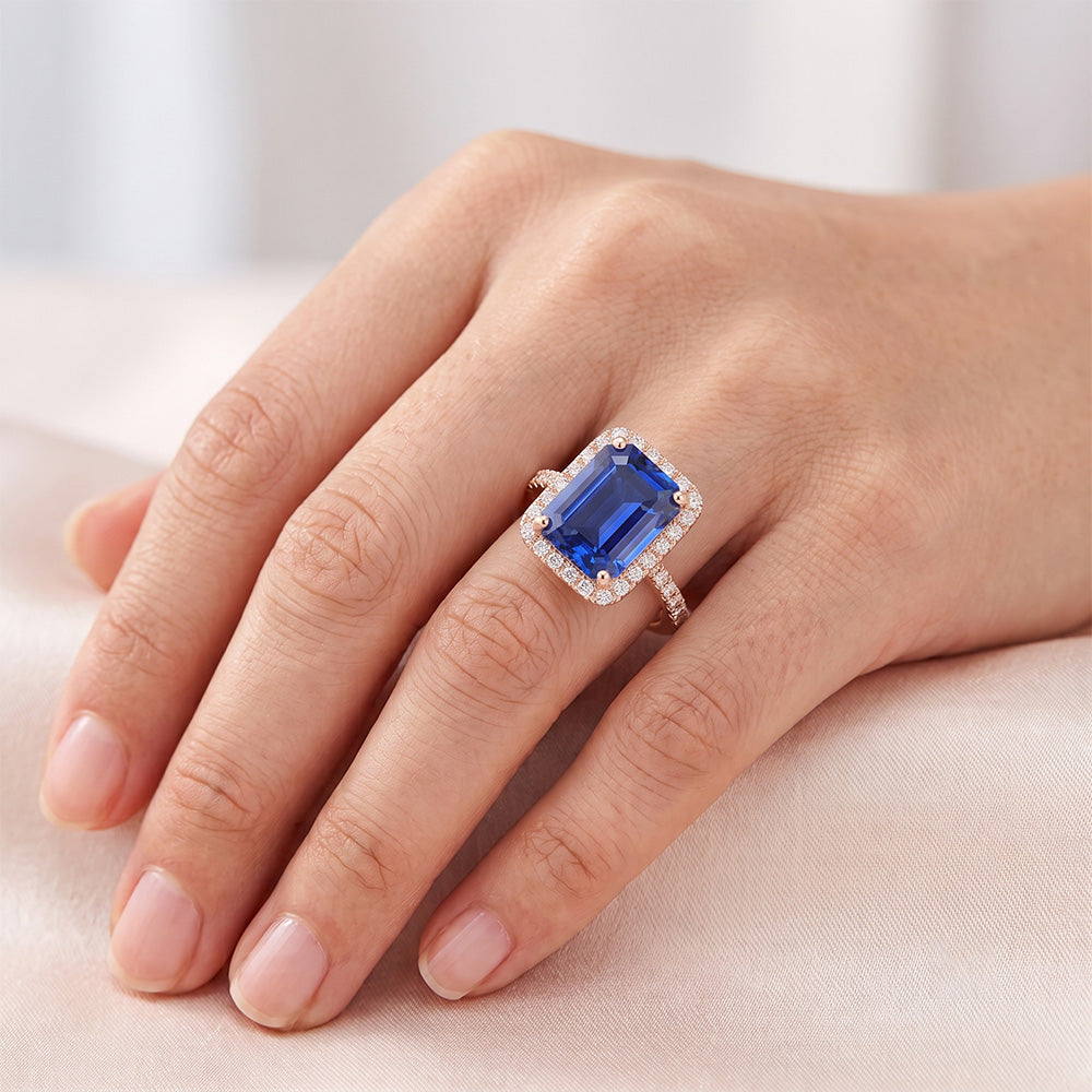 Halo Ring Rose Gold Emerald Sri Lankan Sapphire & Natural Earth Mined Diamonds 5.25 Carats