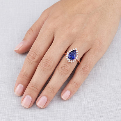 Halo Ring Rose Gold Pear Shape Blue Sapphire & Natural Earth Mined Diamonds 3.75 Carats