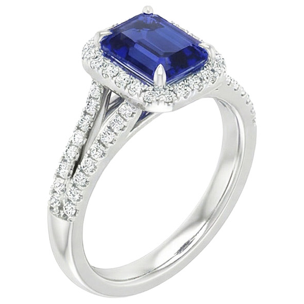 Halo Ring Split Shank Emerald Ceylon Sapphire & Natural Earth Mined Diamonds 4 Carats