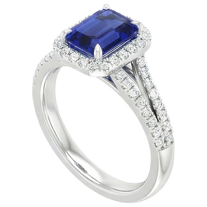 Halo Ring Split Shank Emerald Ceylon Sapphire & Natural Earth Mined Diamonds 4 Carats