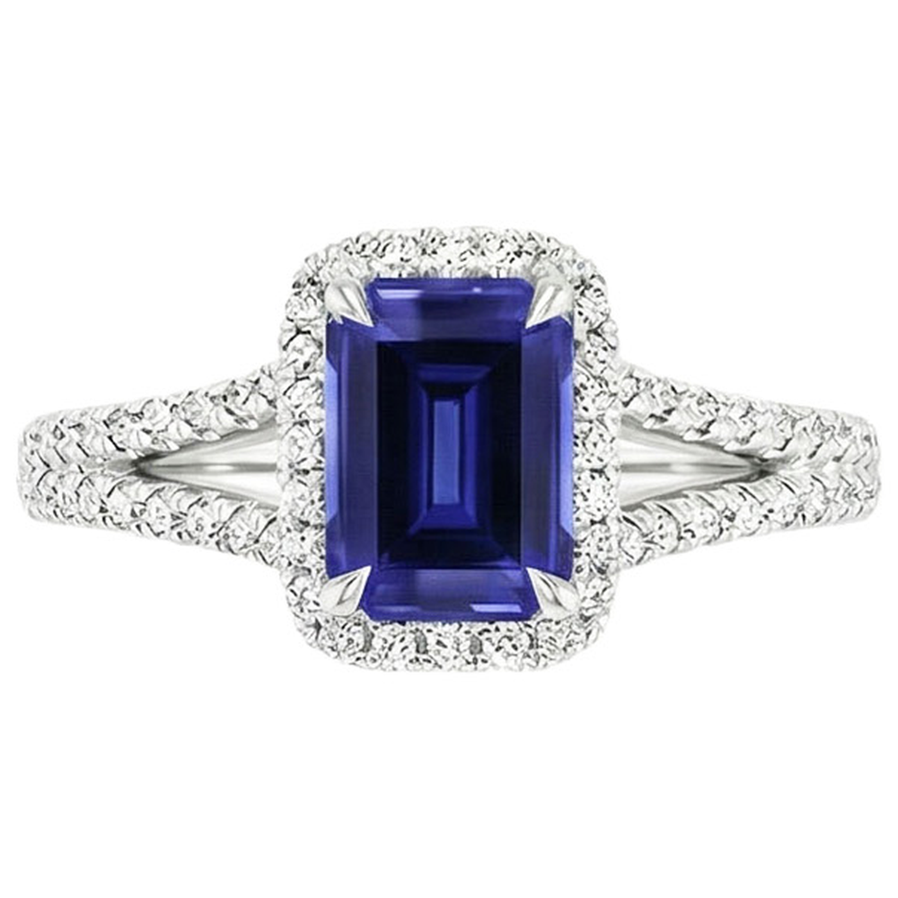 Halo Ring Split Shank Emerald Ceylon Sapphire & Natural Earth Mined Diamonds 4 Carats