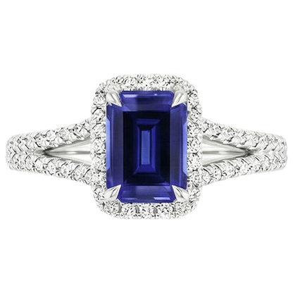 Halo Ring Split Shank Emerald Ceylon Sapphire & Natural Earth Mined Diamonds 4 Carats