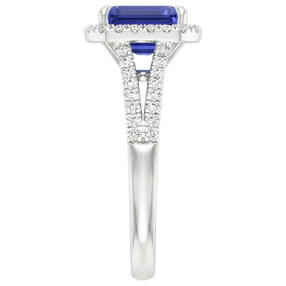 Halo Ring Split Shank Emerald Ceylon Sapphire & Natural Earth Mined Diamonds 4 Carats