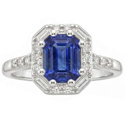 Halo Ring Sri Lankan Sapphire & Natural Earth Mined Diamond 4 Carats Emerald Cut