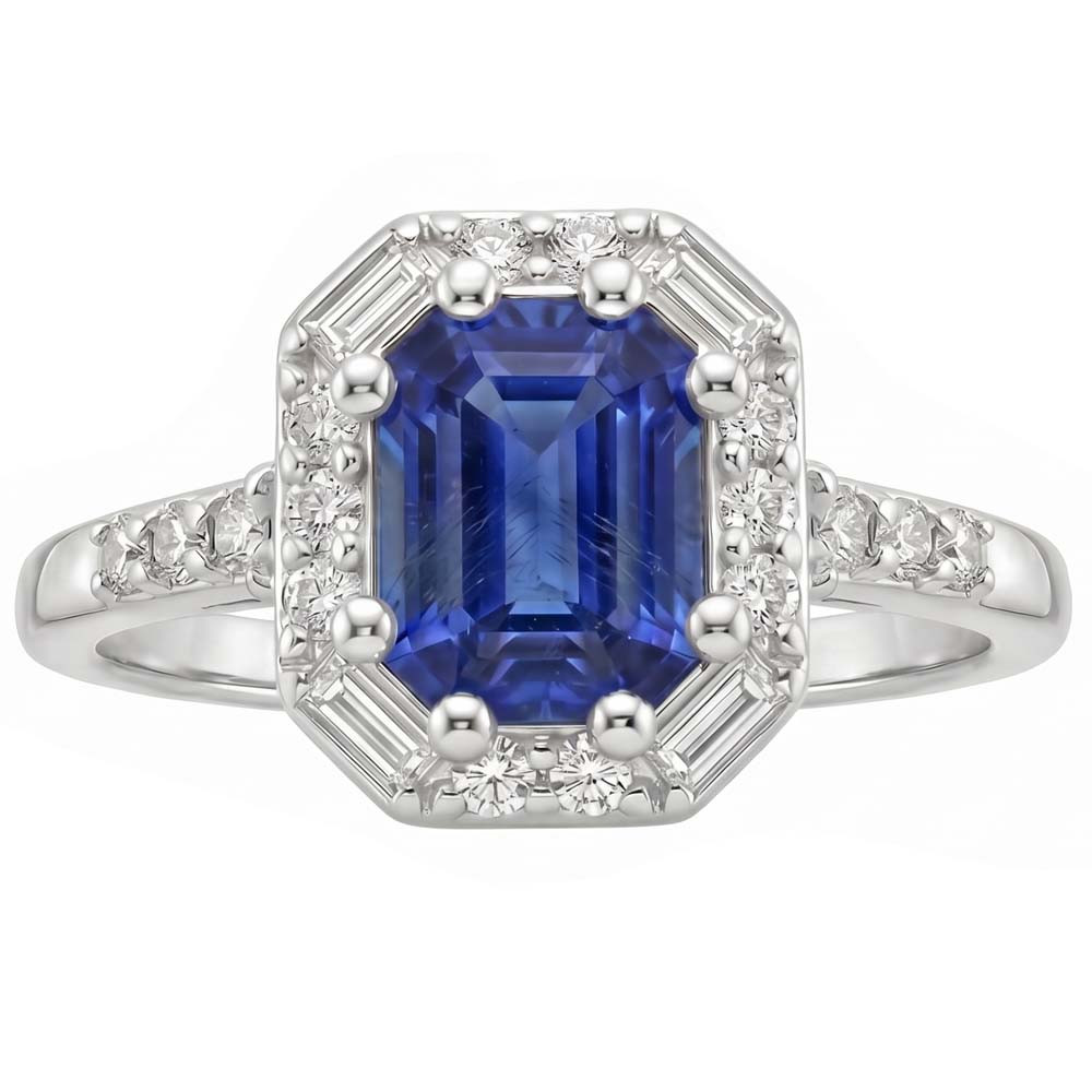 Halo Ring Sri Lankan Sapphire & Natural Earth Mined Diamond 4 Carats Emerald Cut