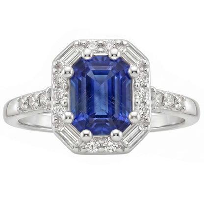 Halo Ring Sri Lankan Sapphire & Natural Earth Mined Diamond 4 Carats Emerald Cut