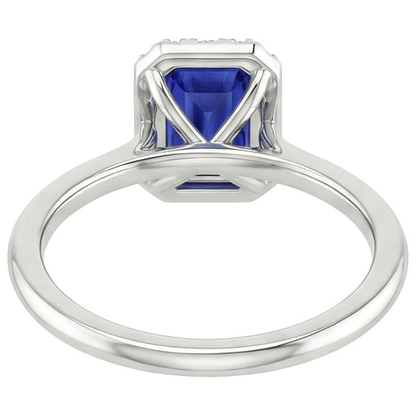 Halo Ring Sri Lankan Sapphire & Natural Earth Mined Diamond 4 Carats Emerald Cut