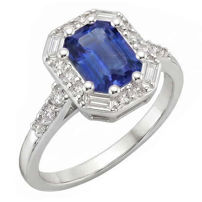 Halo Ring Sri Lankan Sapphire & Natural Earth Mined Diamond 4 Carats Emerald Cut
