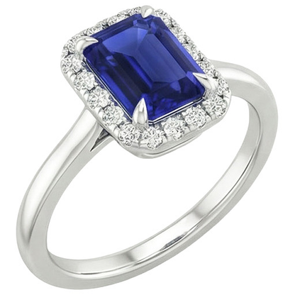 Halo Ring Sri Lankan Sapphire & Natural Earth Mined Diamond 4 Carats Emerald Cut