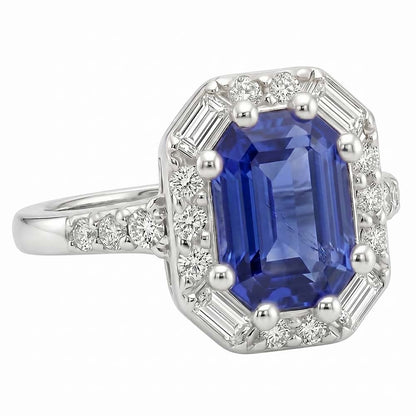 Halo Ring Sri Lankan Sapphire & Natural Earth Mined Diamond 4 Carats Emerald Cut