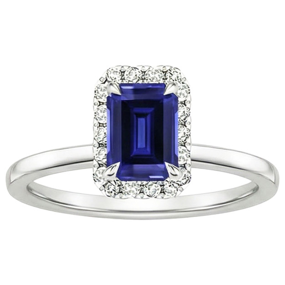 Halo Ring Sri Lankan Sapphire & Natural Earth Mined Diamond 4 Carats Emerald Cut