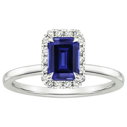 Halo Ring Sri Lankan Sapphire & Natural Earth Mined Diamond 4 Carats Emerald Cut