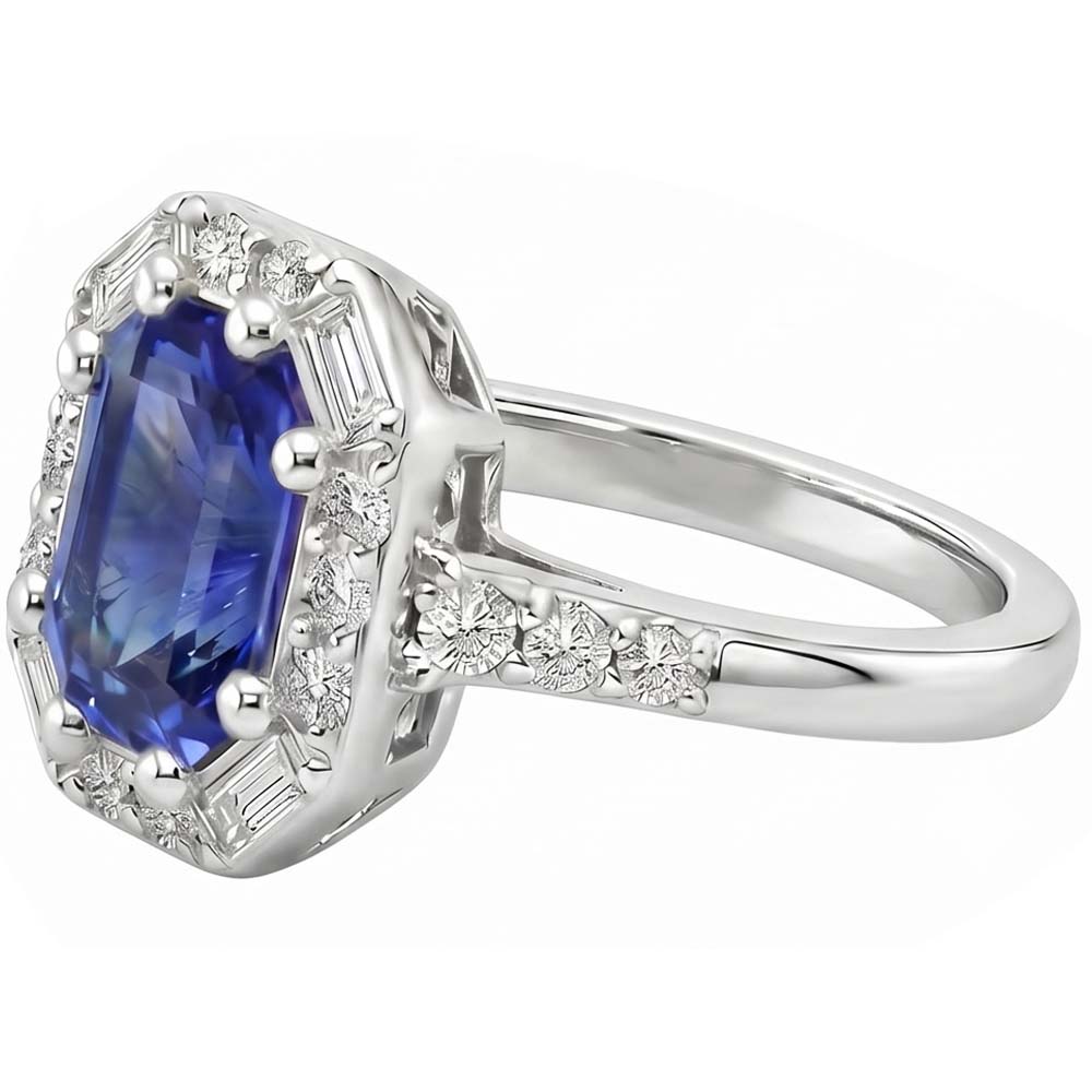 Halo Ring Sri Lankan Sapphire & Natural Earth Mined Diamond 4 Carats Emerald Cut