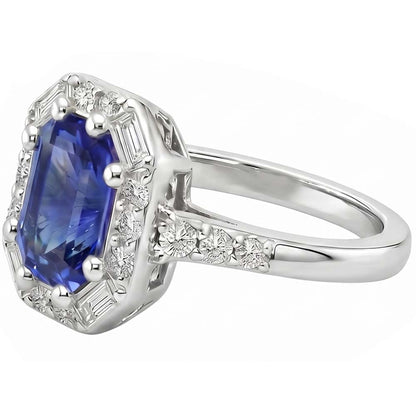 Halo Ring Sri Lankan Sapphire & Natural Earth Mined Diamond 4 Carats Emerald Cut