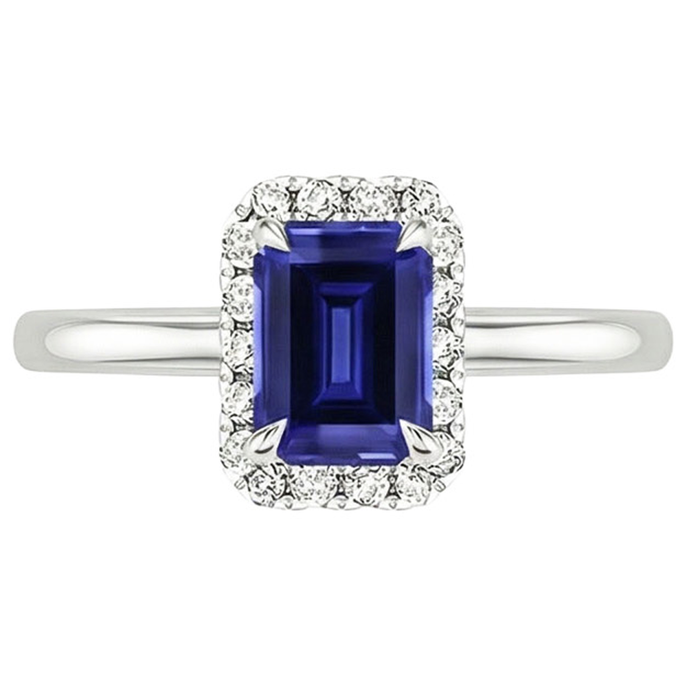 Halo Ring Sri Lankan Sapphire & Natural Earth Mined Diamond 4 Carats Emerald Cut