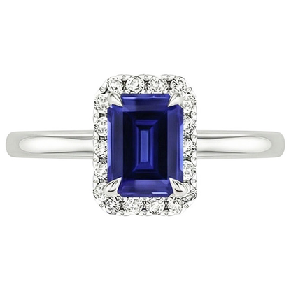 Halo Ring Sri Lankan Sapphire & Natural Earth Mined Diamond 4 Carats Emerald Cut