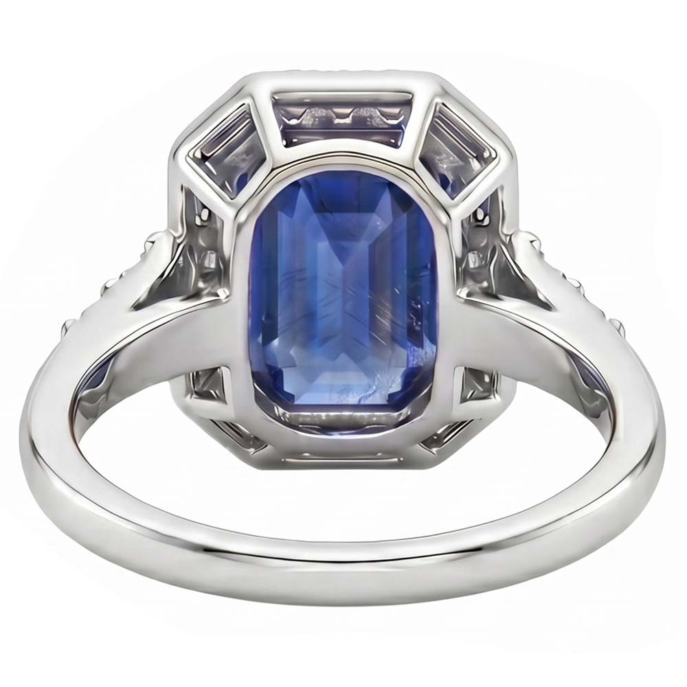 Halo Ring Sri Lankan Sapphire & Natural Earth Mined Diamond 4 Carats Emerald Cut