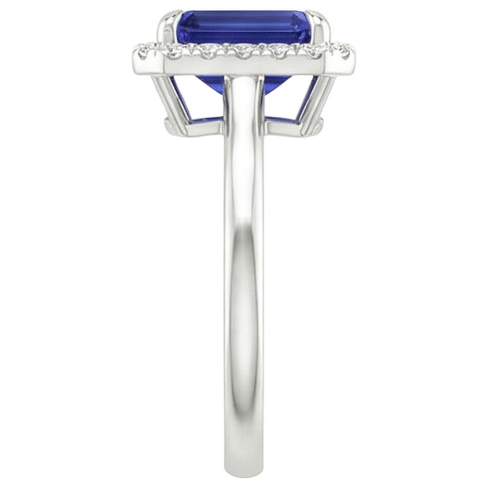 Halo Ring Sri Lankan Sapphire & Natural Earth Mined Diamond 4 Carats Emerald Cut