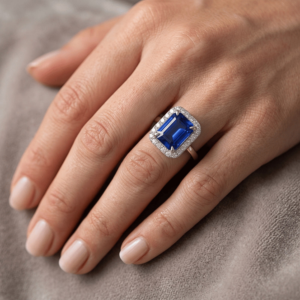 Halo Ring Sri Lankan Sapphire & Natural Earth Mined Diamond 4 Carats Emerald Cut