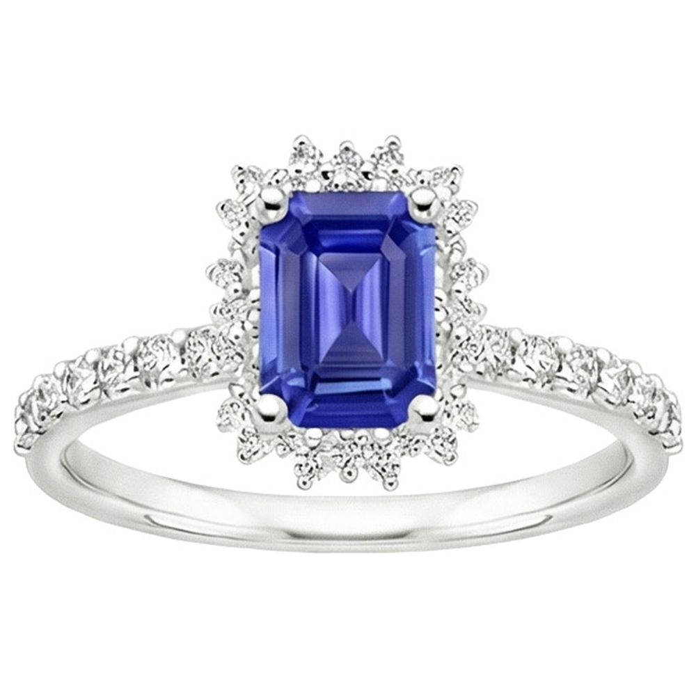 Halo Ring Star Style Ceylon Sapphire & Natural Earth Mined Diamond 4.50 Carats