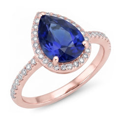 Halo Ring Teardrop Style Ceylon Sapphire & Natural Earth Mined Diamonds 3.75 Carats