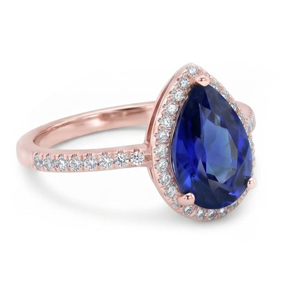 Halo Ring Teardrop Style Ceylon Sapphire & Natural Earth Mined Diamonds 3.75 Carats