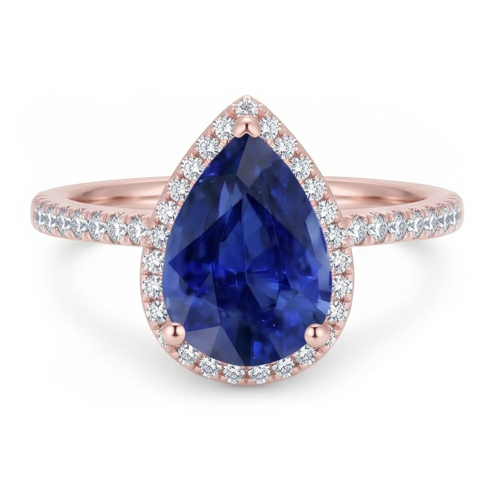 Halo Ring Teardrop Style Ceylon Sapphire & Natural Earth Mined Diamonds 3.75 Carats