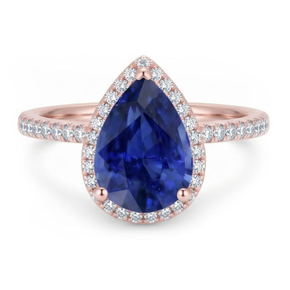 Halo Ring Teardrop Style Ceylon Sapphire & Natural Earth Mined Diamonds 3.75 Carats