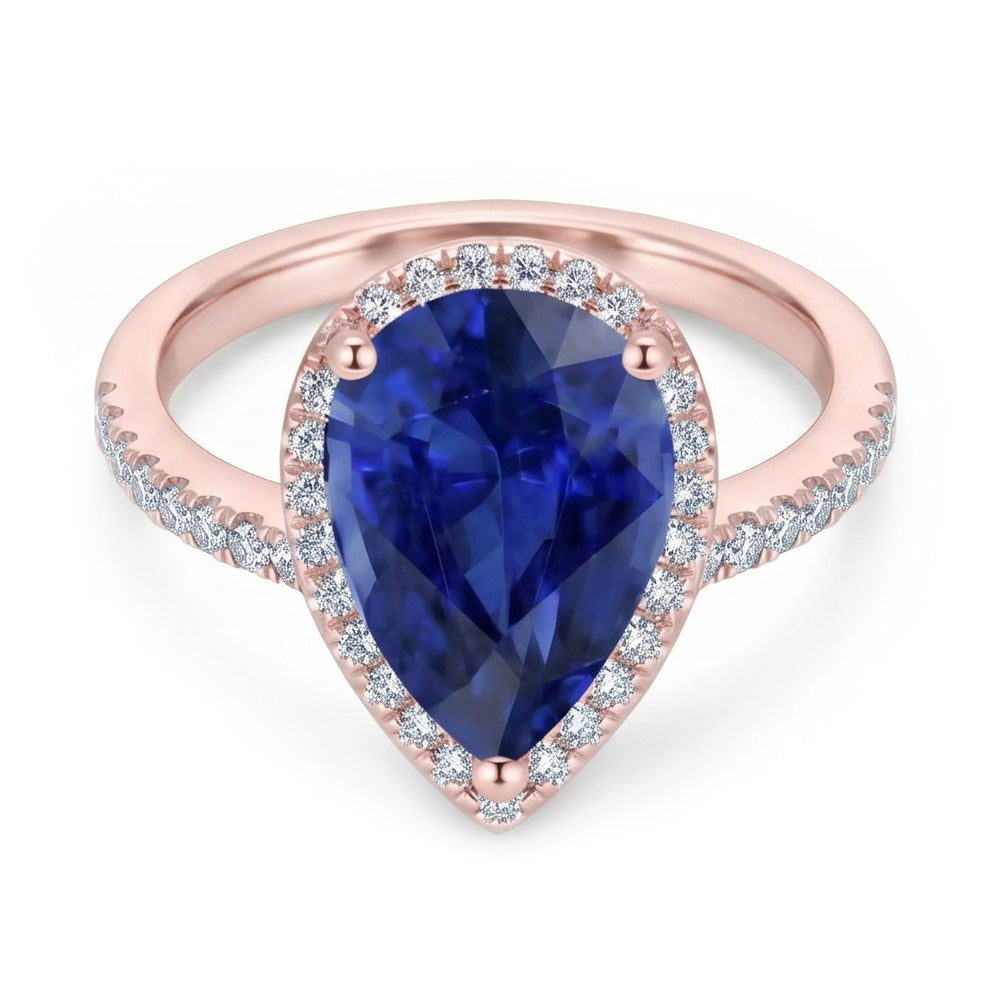Halo Ring Teardrop Style Ceylon Sapphire & Natural Earth Mined Diamonds 3.75 Carats