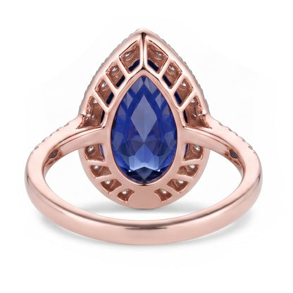 Halo Ring Teardrop Style Ceylon Sapphire & Natural Earth Mined Diamonds 3.75 Carats