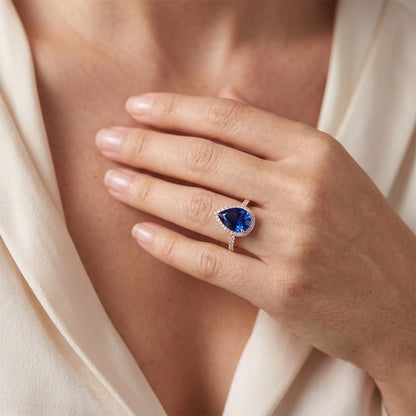 Halo Ring Teardrop Style Ceylon Sapphire & Natural Earth Mined Diamonds 3.75 Carats